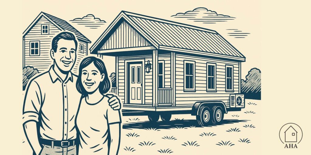 Man and woman standing in front of tiny home on wheels in their backyard.