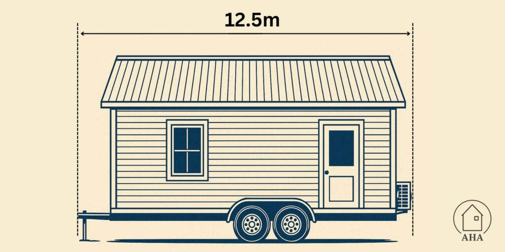 Tiny home on wheels with length dimension of 12.5 meters