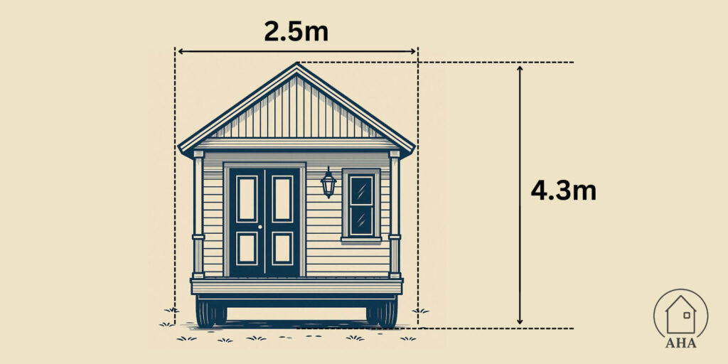 Tiny home on wheels with width dimension of 2.5m and height dimension of 4.3,
