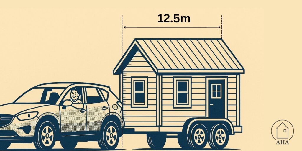 An SUV towing a tiny home of maximum length 12.5 meters