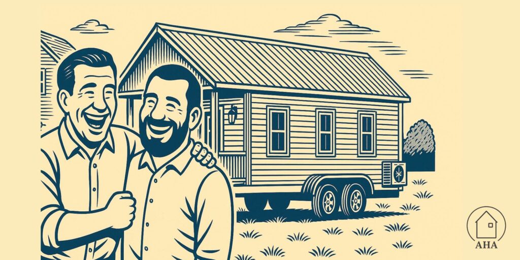 Two male friends laughing outside of a tiny home in a backyard.