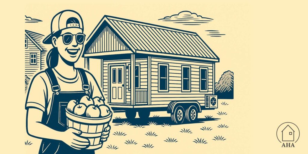 A woman holding a bucket of apples while standing outside of a tiny home on wheels.