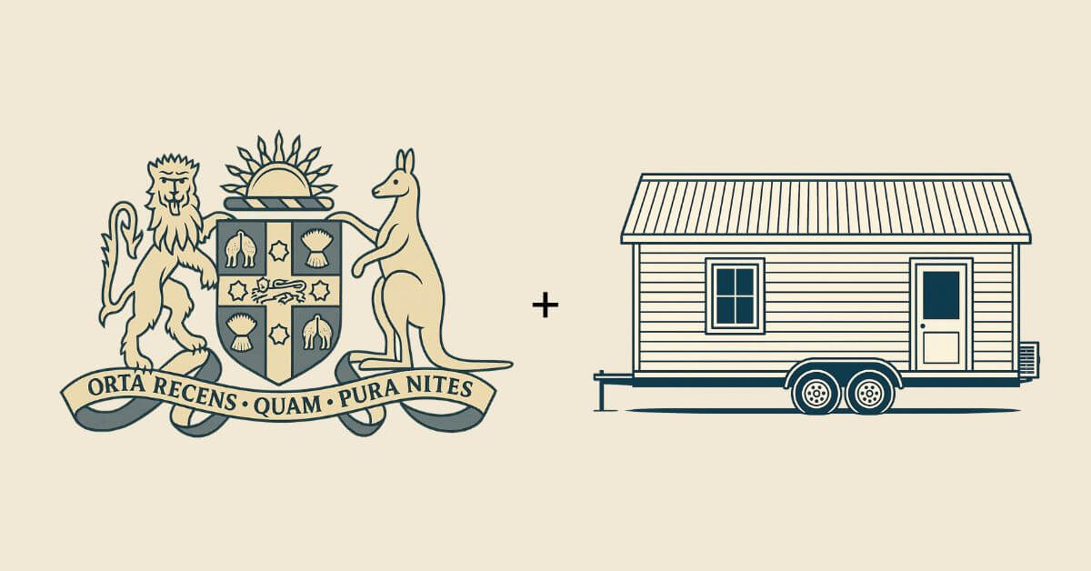 NSW coat of arms along side an image of a tiny home on wheels.