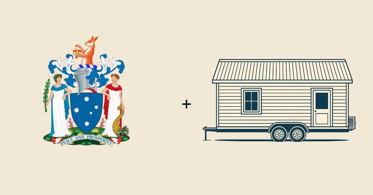 The coat of arms of the state of Victoria in Australia, beside a tiny home on wheels