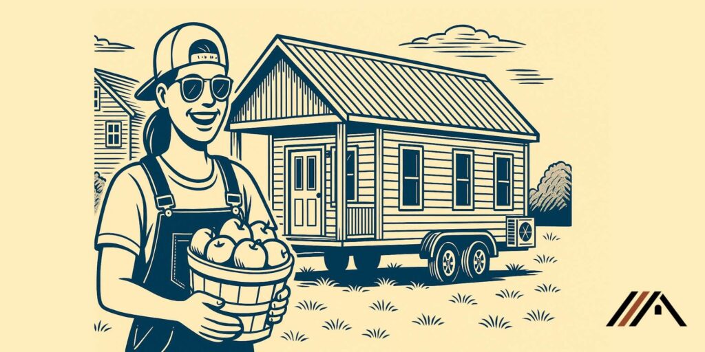 A girl holding a bucket of apples in front of a tiny home on wheels.