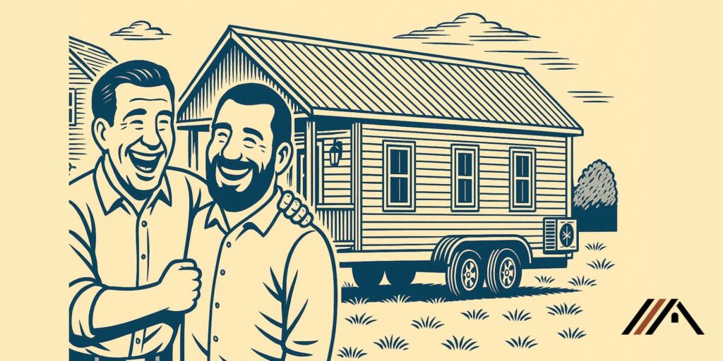 Two male friends laughing together while standing in front of a tiny home on wheels.