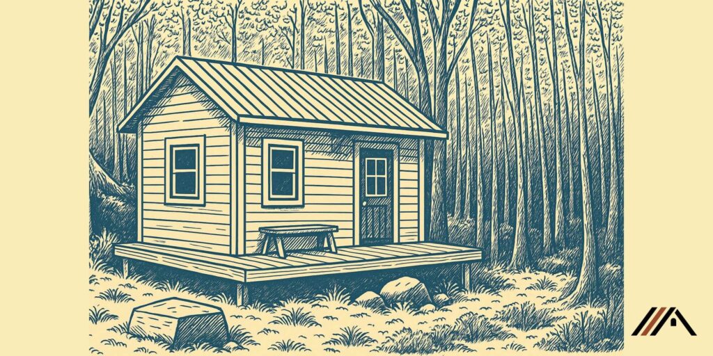 A tiny home on foundations alone on a vacant area of land.