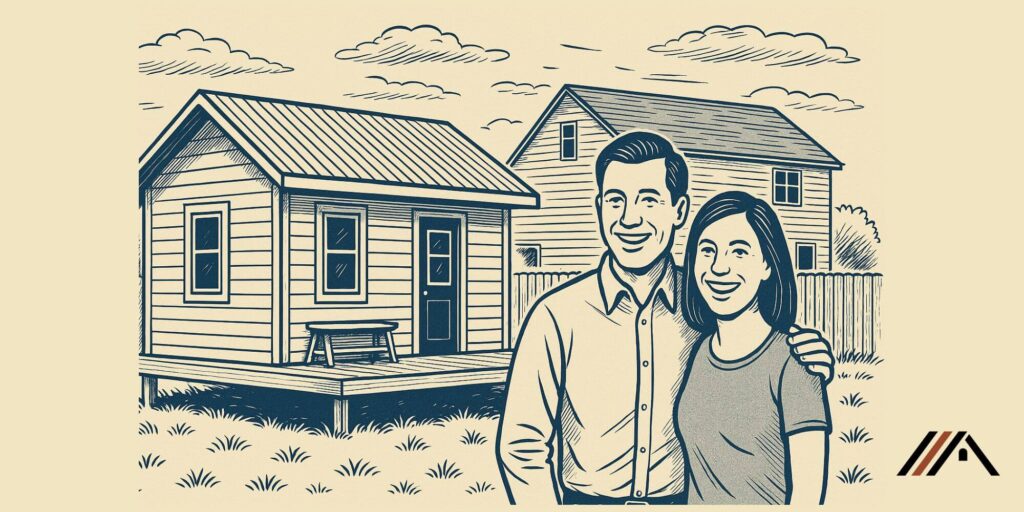 A man and a woman standing in front of a tiny home in the backyard of a primary dwelling.