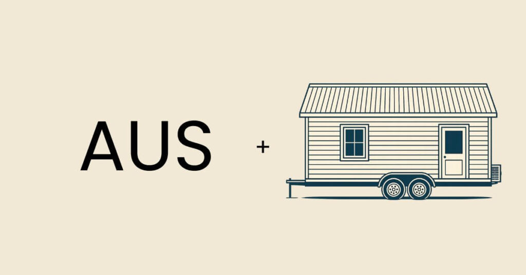 The acronym for Australia (AUS) beside an image of a a tiny home on wheels